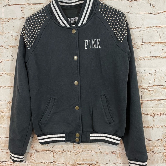 Victorias Secret Pink black varsity coat small Bomber STUDS Bling snap jacket - Picture 3 of 8